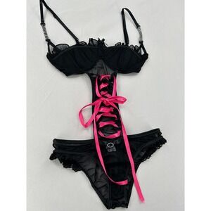 Coquette Black Pink Mesh Lace Up Teddy Bodysuit Rhinestone Straps Womens Medium